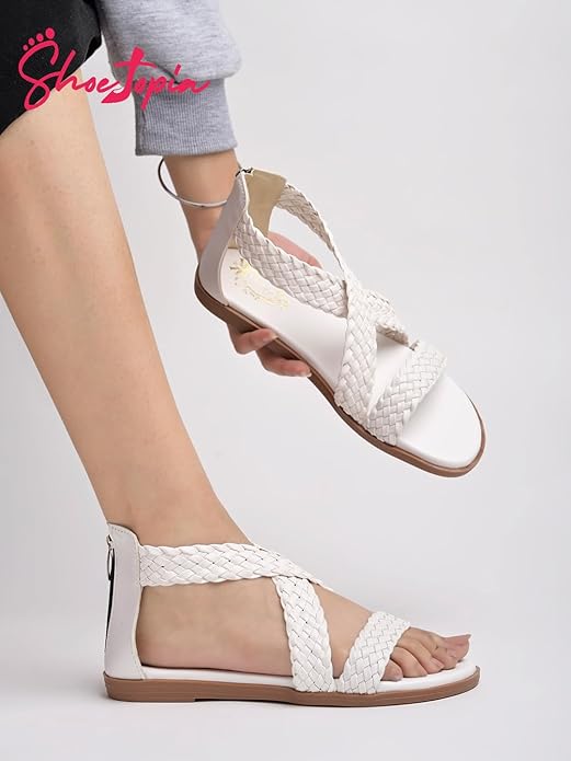 Shoetopia Women's Braided Gladiator Flat Sandals – Comfortable Casual Summer Stylish Sandals with Back Zip Closure - Image 2